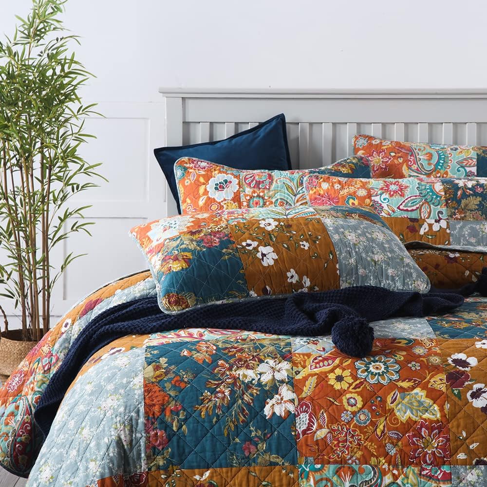 Autumn Dream Cotton Bedspread Quilt Sets Reversible Bedding Coverlet Sets Comforter, Paisley Floral Patchwork Yellow Grey Bedspread, King Size