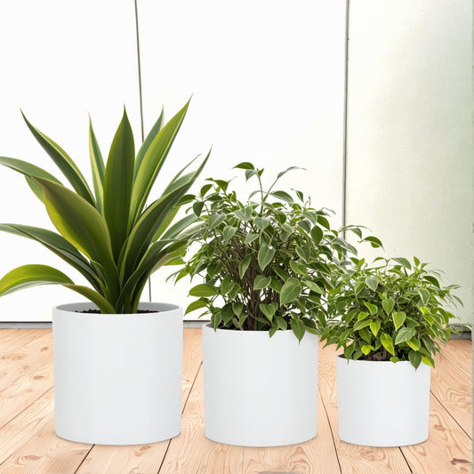 Fox & Fern Matte White Plant Pots with Drainage Plug (Set of 3) — Premium Lightweight Fiberstone 8, 10, and 12 Inch Planters for Indoor and Outdoor Use; Weather Resistant & UV Resistant