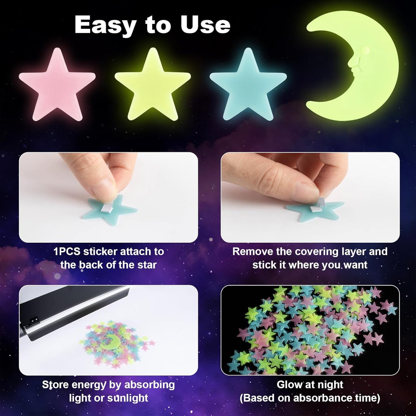 200 Glow in The Dark Stars for Ceiling - Glowing Stars and Moon Stickers Estrellas que brillan en la oscuridad para el techo de cuarto Plastic Space Galaxy Decals Bedroom Wall Decorations