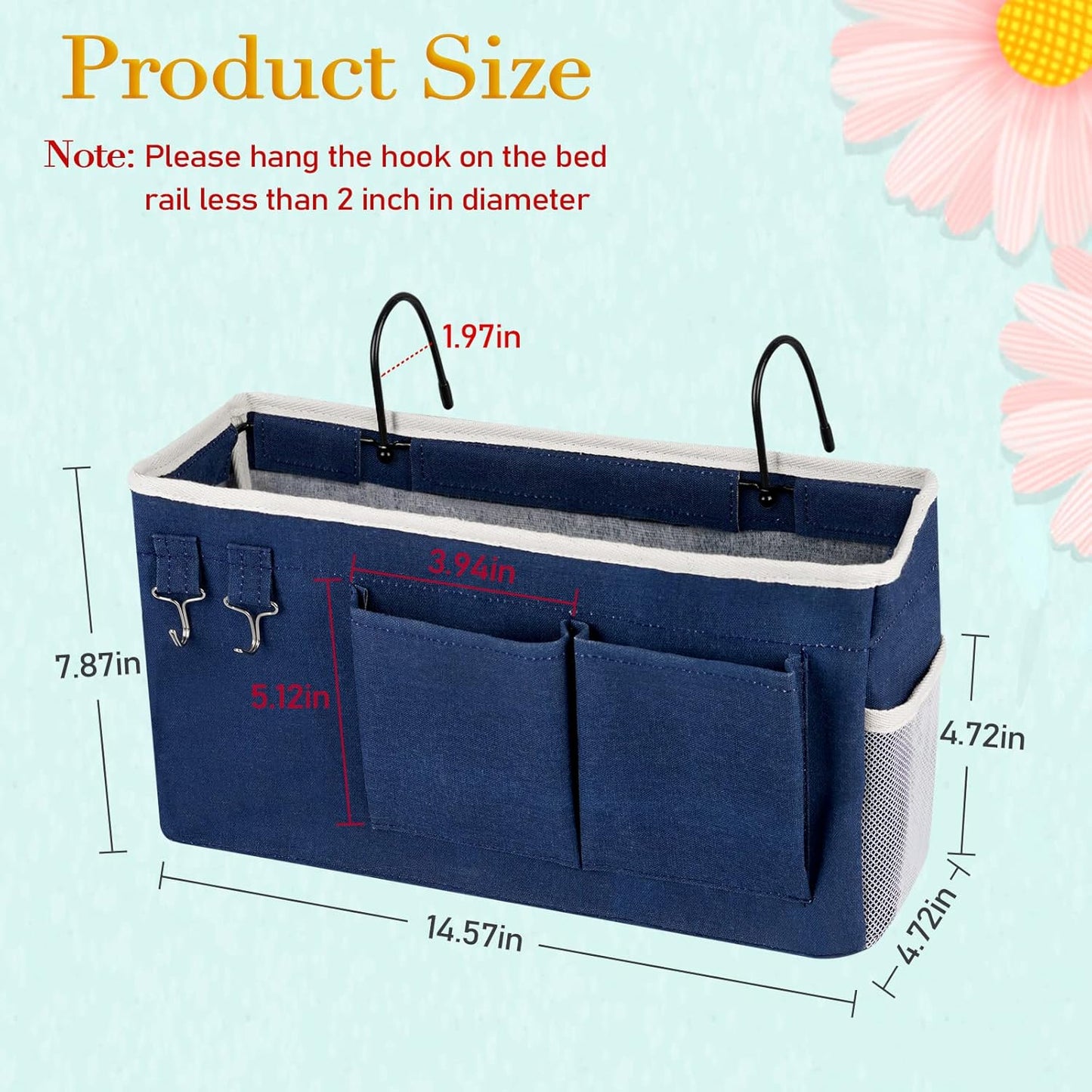 Bedside Storage Caddy/Bedside Hanging Storage Bag for Headboards Bunk Beds Dorm Rooms Book Phone Magazine Holder (Navy Blue)