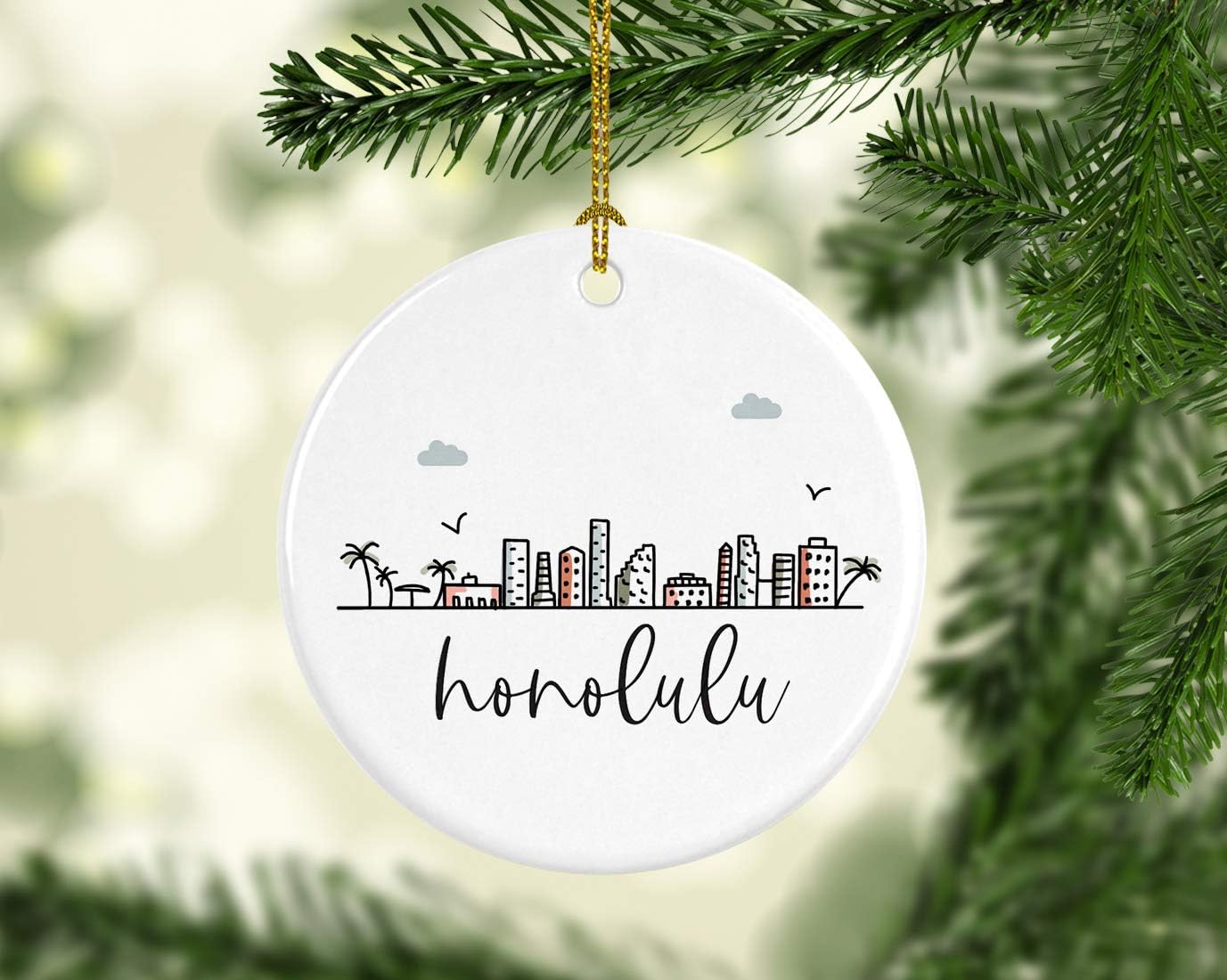 Andaz Press Round Ceramic Porcelain Christmas Tree Ornament Keepsake, Honolulu City Skyline Graphic, 1-Pack, Birthday Gift Idea for Family, Coworker, Him, Her, Includes Gift Box