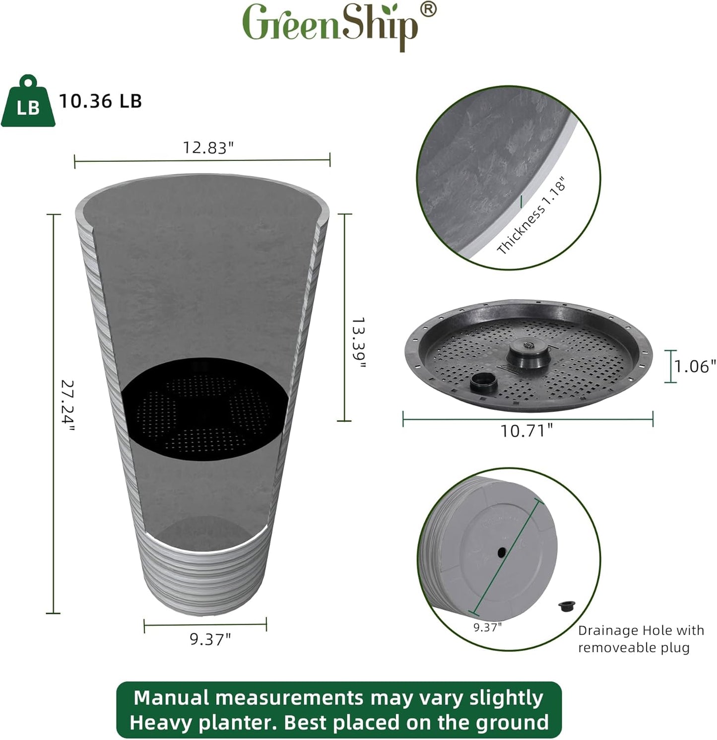 GreenShip 27" Tall Planters, Set of 2 – Black Outdoor Planter for Front Porch & Tall Plants, Weather-Resistant, with Drainage Hole & Rubber Plug (No Plants Included) (Light Gray)