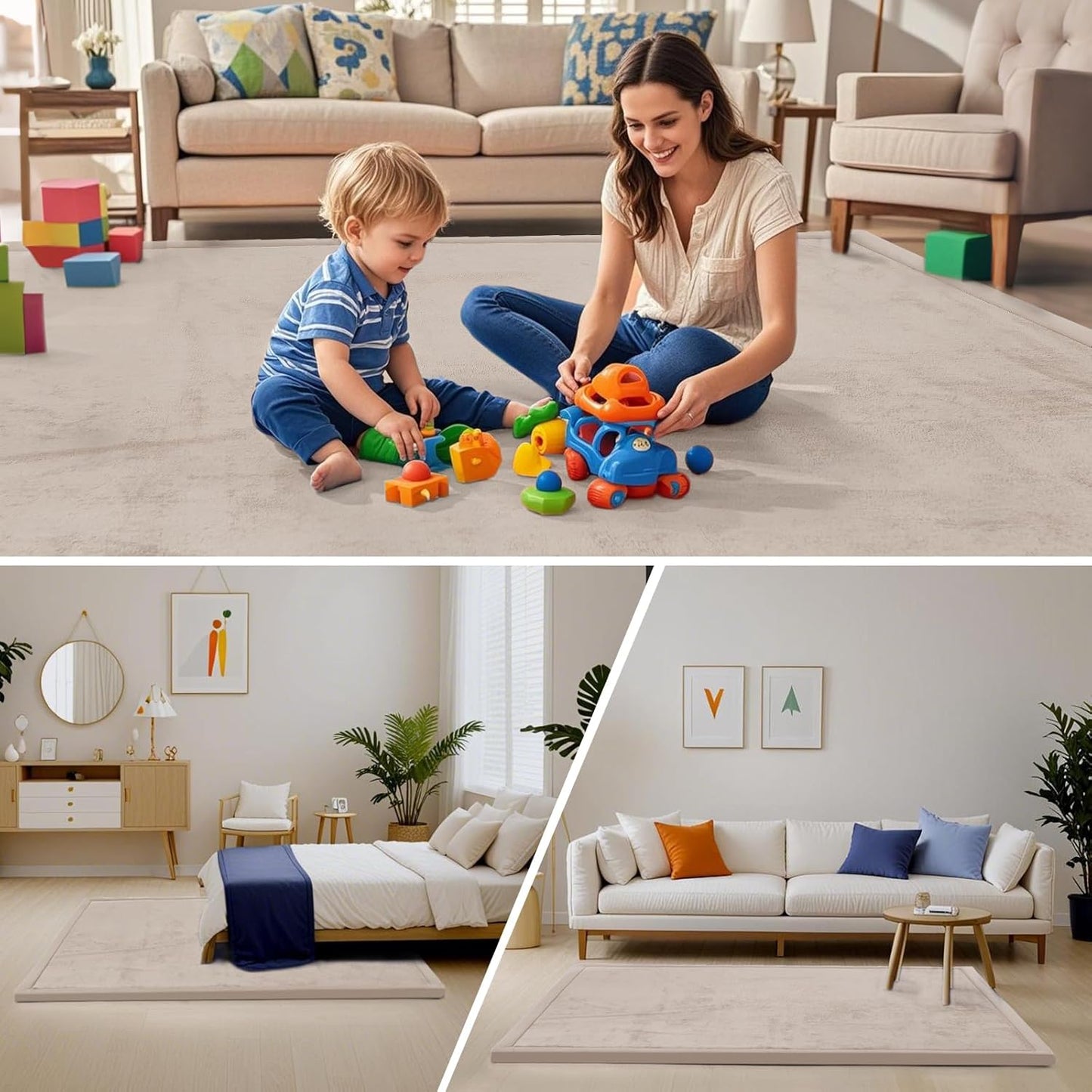 ACOMOPACK Baby Play Mat for Floor,1.3" Thick Memory Foam Area Rug for Living Room,Soft Velvet Crawling with Non-Slip Bottom for Kid,Toddler,39"×59" Tummy Time Nursery Rugs,Yoga（Beige）