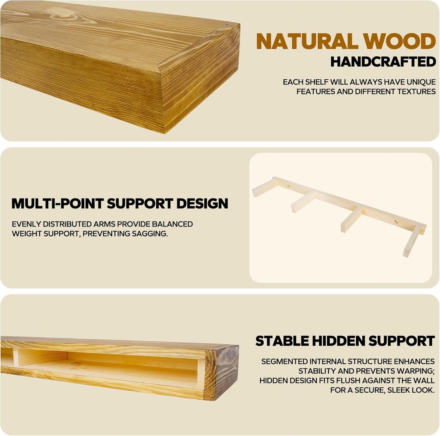 Floating Shelves 3 inch Thick for Wall Set of 2,Solid Pine Wood Wall Mount Shelf for Kitchen Living Room Bedroom Bathroom,8" D x 36" L x 3" H-Gold Oak