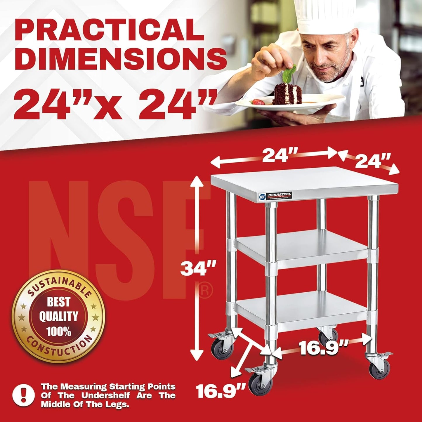 DuraSteel Stainless Steel Work Table 24" x 24" x 34" Height w/ 4 Caster Wheels - Food Prep Commercial Grade Worktable - NSF Certified - Good for Restaurant, Business, Warehouse, Home, Kitchen, Garage