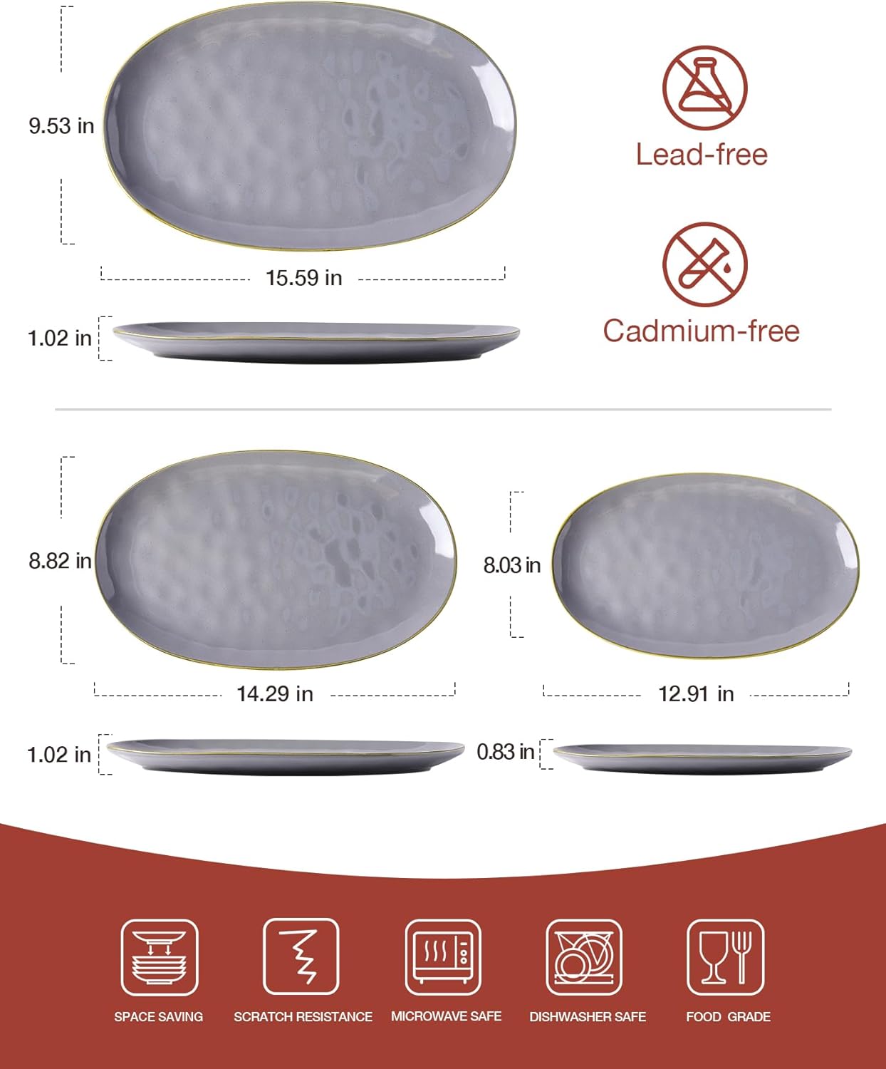 famiware Serving Platter, Oval 15.59/14.3/12.9 inch Serving Dishes for Entertaining, Serving Bowls, Microwave Safe, Fine Stonware Serving Trays for Party, Turkey, Cheese, Ocean Series, Dark Grey