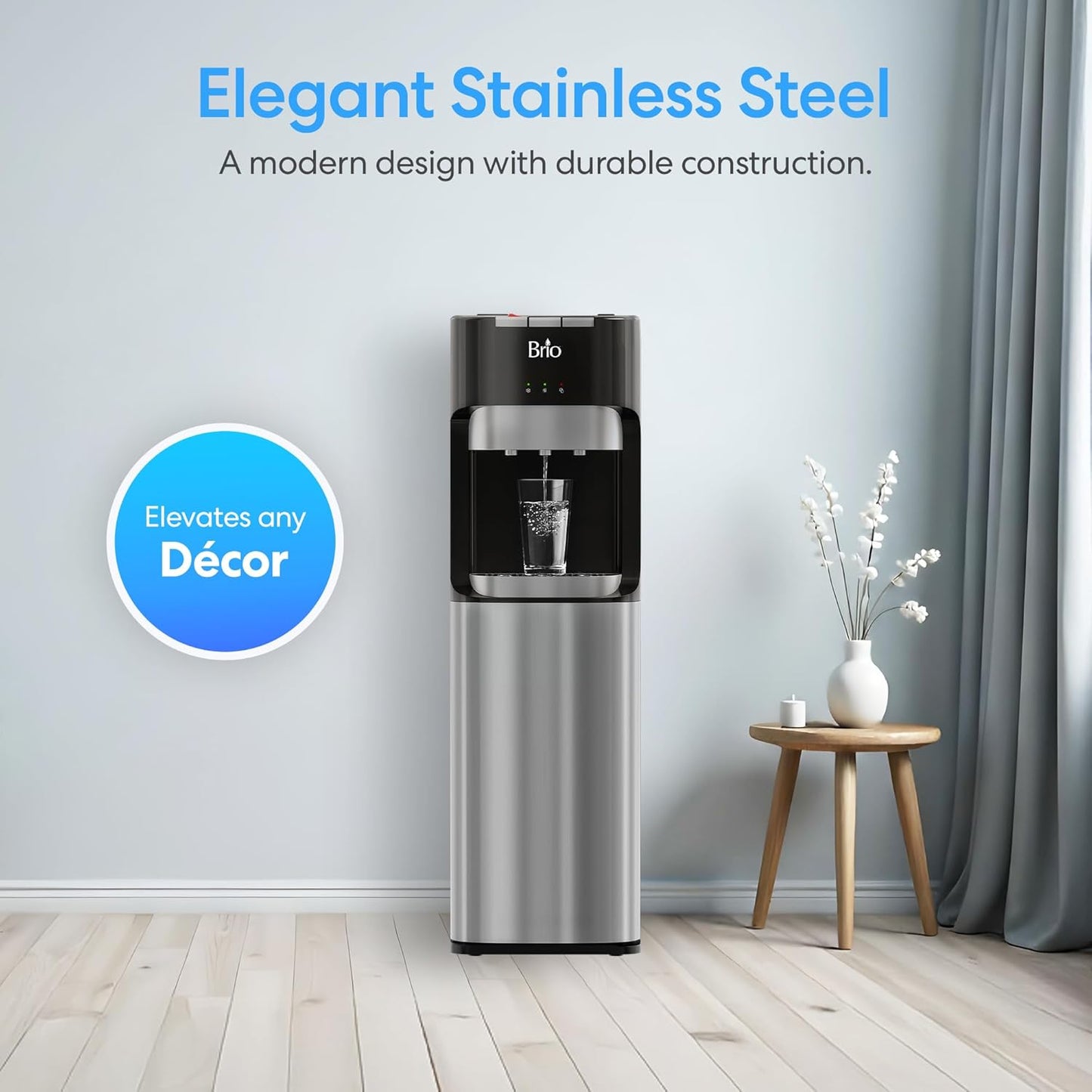 Brio Bottom Loading Water Cooler Dispenser for 5 Gallon Bottles - 3 Temperatures with Hot, Room & Cold Spouts, Child Safety Lock, LED Display with Empty Bottle Alert, Stainless Steel