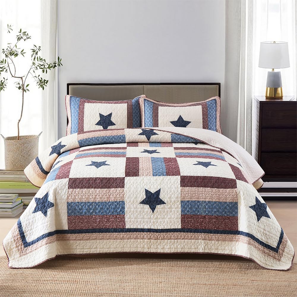 Cotton Bedding Quilt Sets 3 Pieces Reversible Coverlet Sets All Season Boys Real Patchwork Bedspread, MediterraneanStar Pattern,King Size