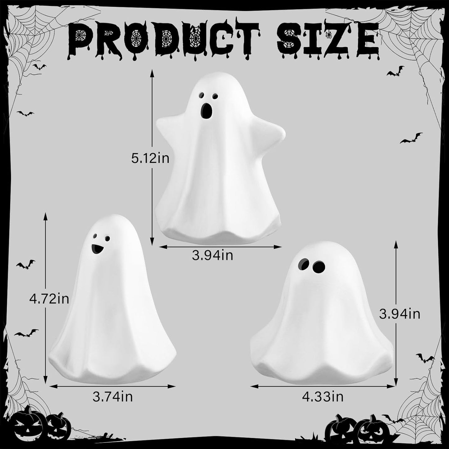 Domensi 9 Pcs Halloween Ceramic Ghost Figurines with LED Lights, Large 5.12 White Spooky Ghost Sculpture Statue Cute Halloween Miniatures for Gifts Centerpiece Table Mantel Collections Decorations
