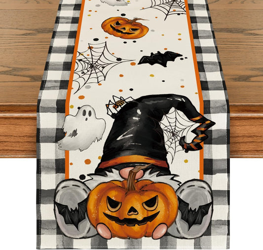 Artoid Mode Buffalo Plaid Gnome Bat Pumpkin Ghost Halloween Table Runner, Sensonal Kitchen Dining Table Decor for Home Party 13 x 72 Inch