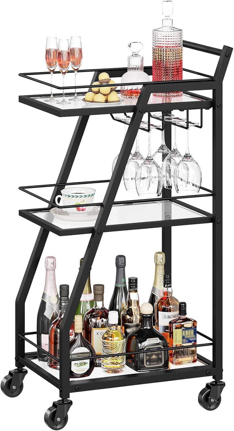 Bar Cart, 3-Tier Bar Cart for The Home, Home Bar Serving Cart with Glass Holders, Beverage Cart for Kitchen, Dining, Party Room, Black BC03BK