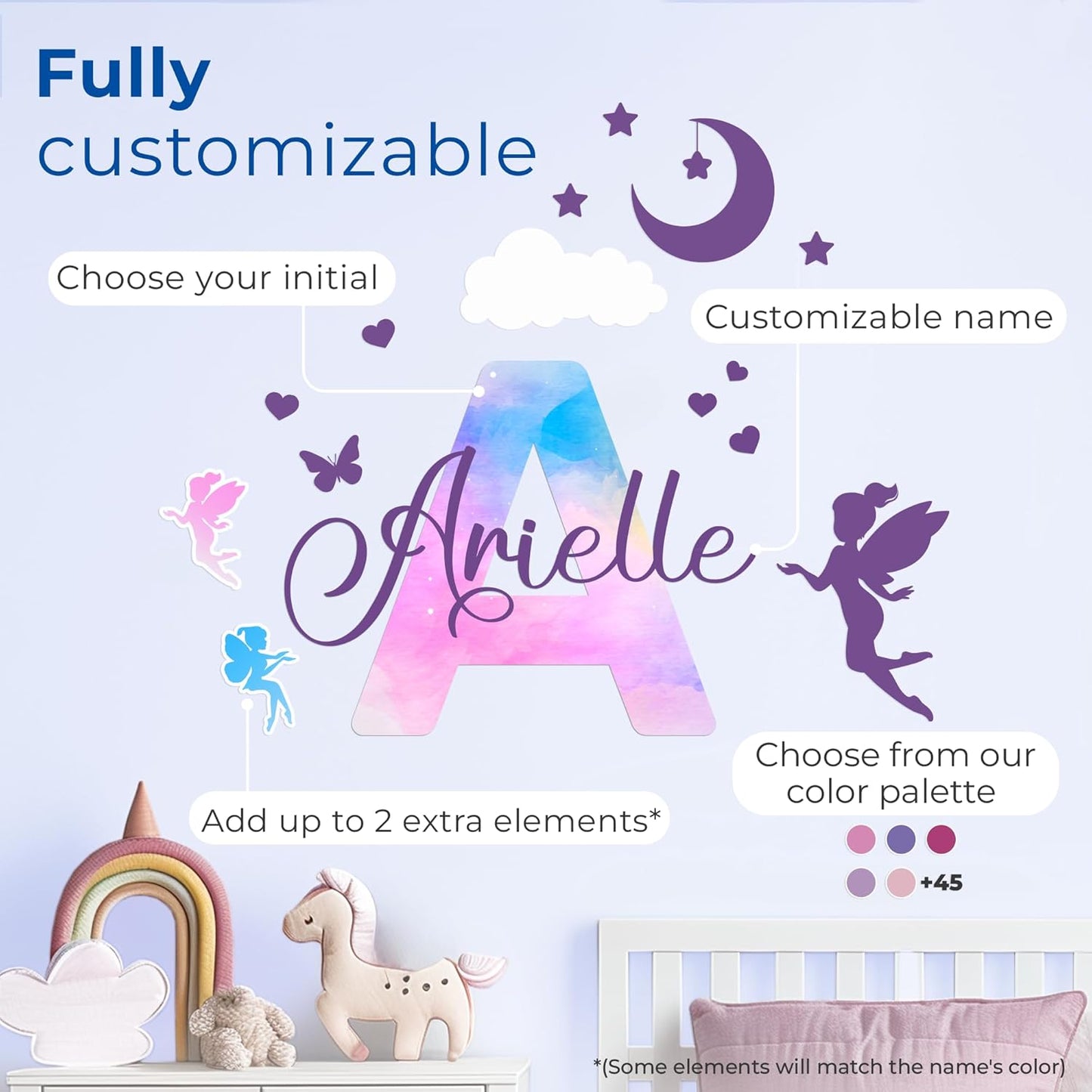 Custom Stickers Name Wall Decor I Personalized Name Sign for Room Decor | Multiple Custom Name & Initial I Decal for Baby Girl Nursery Decor I Nursery Wall Decal for Baby (A. Pink and Blue Sky)