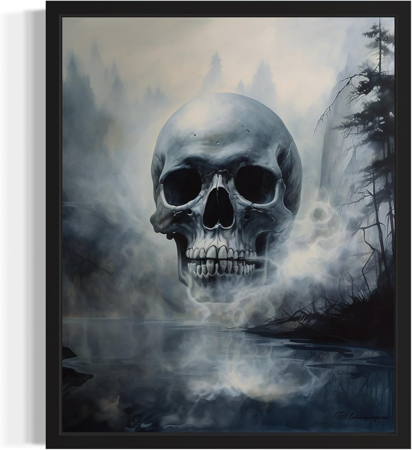 Foggy Skull Poster Art Print, Halloween Scary Vintage Wall Art Academia Spooky Painting Decoration for Horror Prints, Gothic Posters Bedroom Decor 89 (Foggy Skull, 8 x 10 inches, Black Frame)