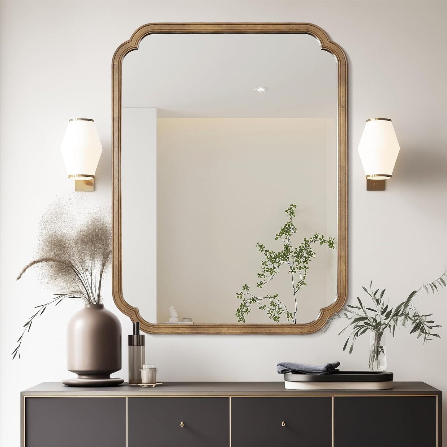 WallBeyond 30" x 40" Rounded Corner Arch Wall Mirror with Wood Frame for Entryway, Living Room or Bedroom Home Decor - Light Woodgrain, Honey-Colored