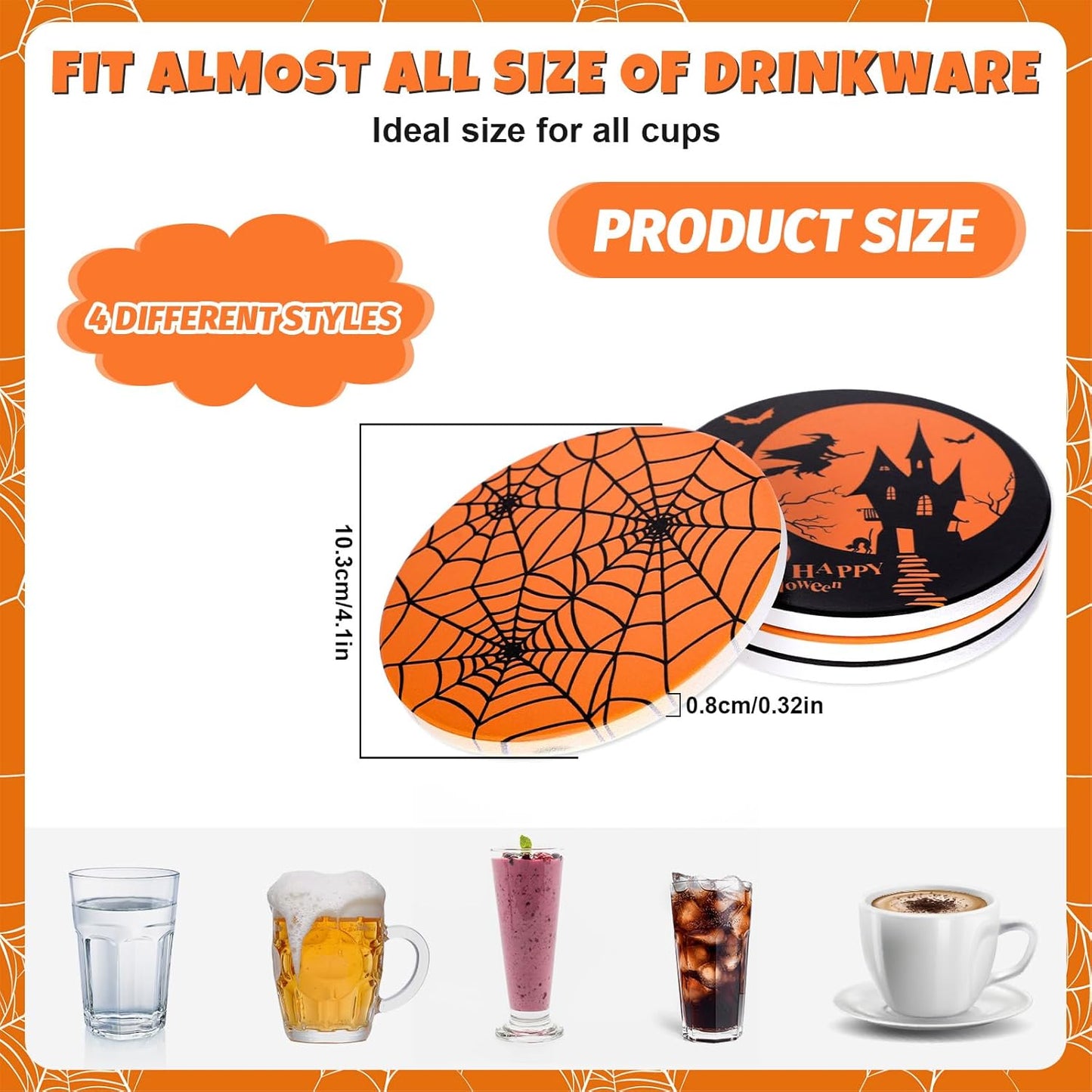 4Pcs Halloween Coasters Orange Black Round Ceramic Coaster Trick or Treat Heat-Resistant Cup Mats for Wooden Table Protection Home Party Supplies