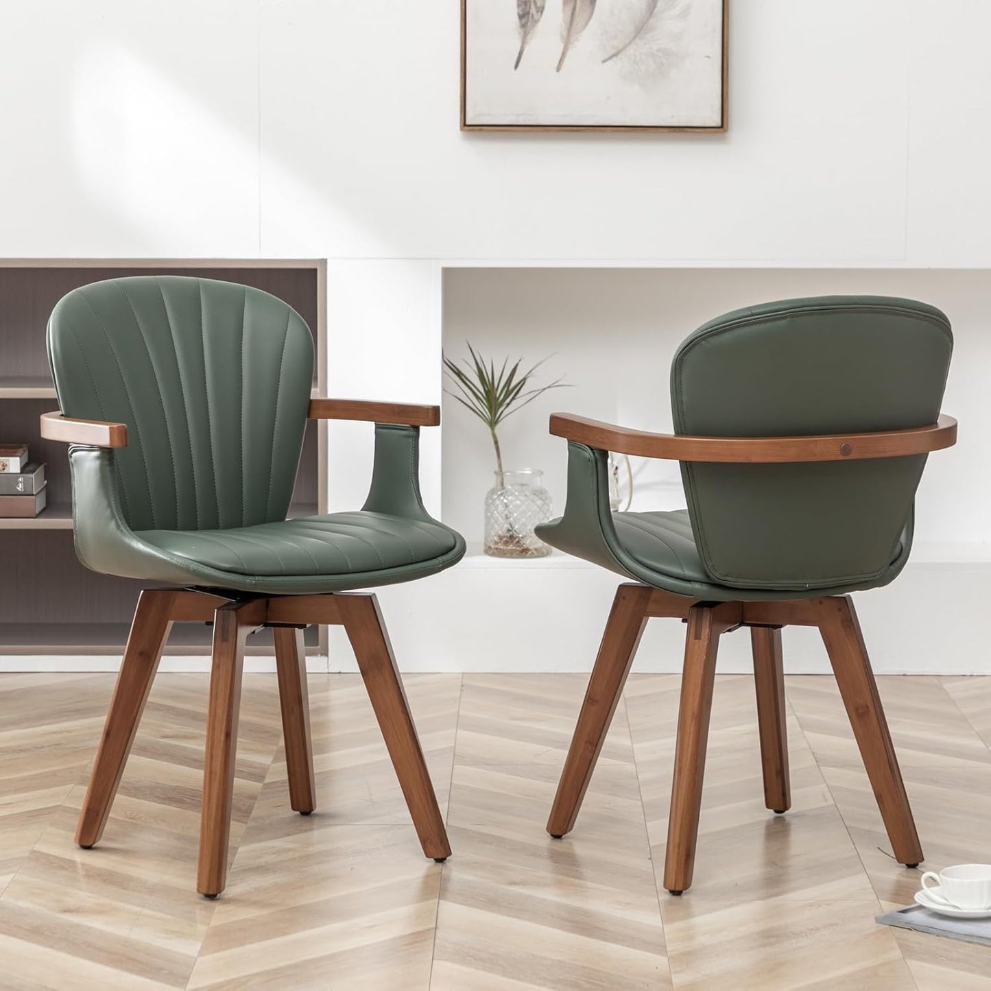 LUNLING Swivel Dining Chairs Set of 4, Mid Century Modern Green Faux Leather Kitchen Chairs with Arms,Bamboo Legs Side Chairs No Wheels,Accent Chair for Dining Rooms and Offices