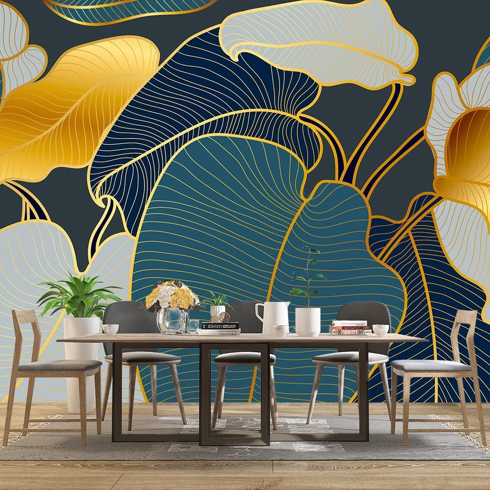 Golden Botanical Leaf wallpeper Living Room Bedroom Wall Mural - 137"x96"（Not Peel and Stick）