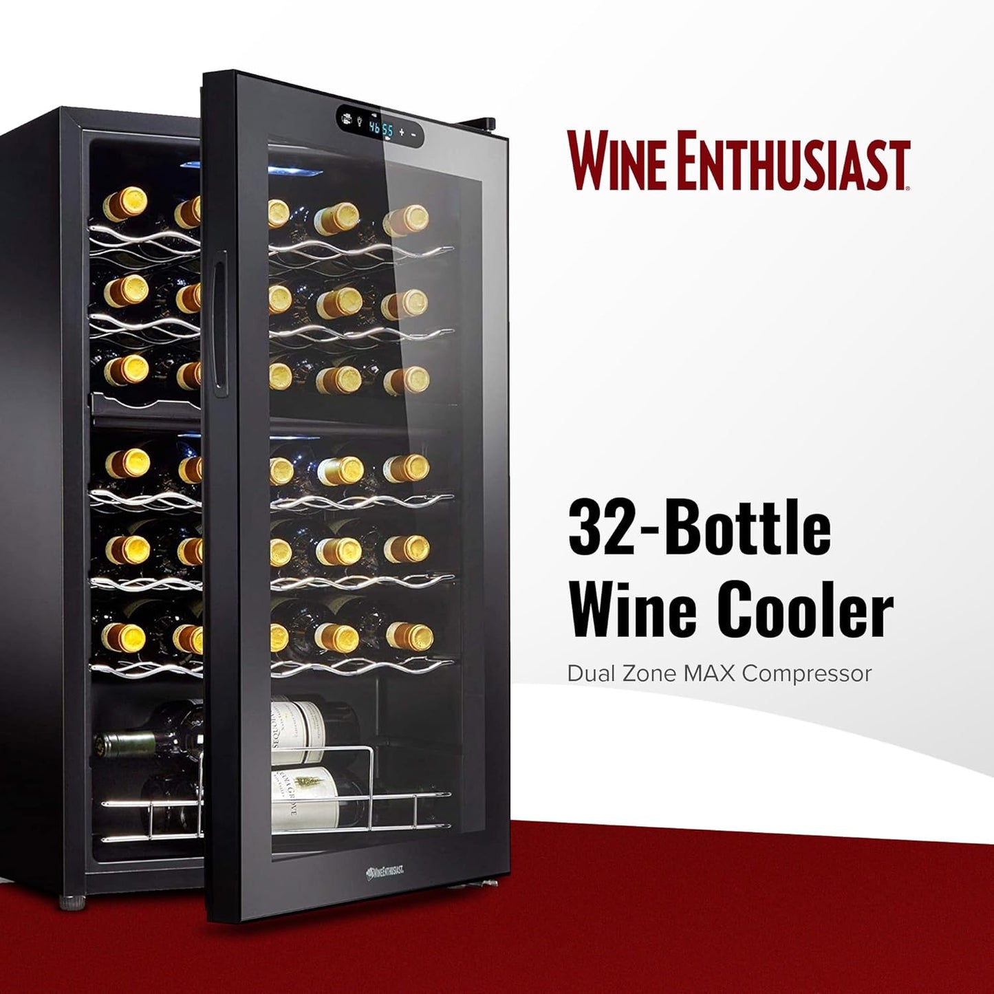 Wine Enthusiast 32-Bottle Dual Zone MAX Compressor Wine Cooler – Freestanding Mini Fridge with Digital Touchscreen, LED Display, Split Storage for Red & White Wines, Matte Black Refrigerator Home Bar