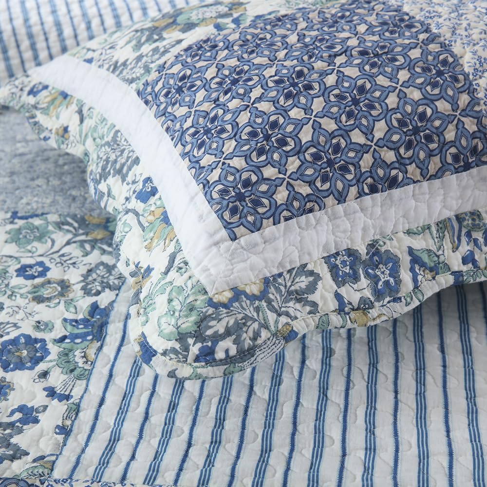 Cotton Bedspread Quilt Bedding Sets 3 Pieces Reversible Coverlet Sets Comforters Vintage Floral Patchwork Blue Bedspread (Blue Vintage Floral, King Size)