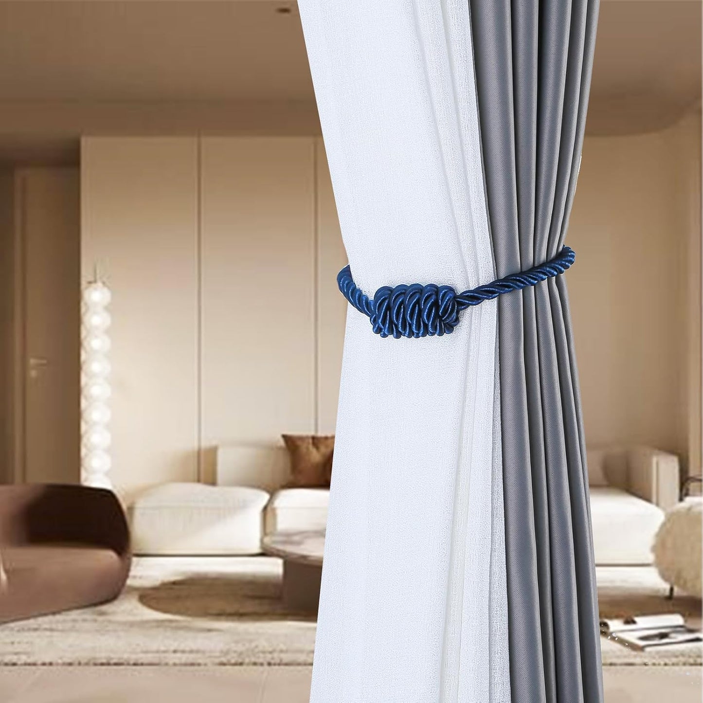 Fenghuangwu 2Pack Magnetic Curtain Tiebacks – Bohemian Style Handmade Woven Tie-Backs for Drapes,Elegant Exquisite Knot Holdbacks,Outdoor Boho & Modern Home Decor（Navy