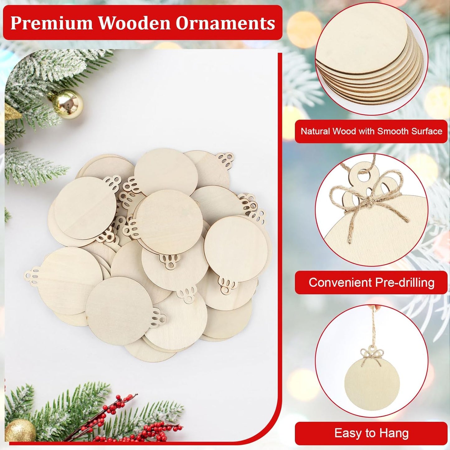50 PCS Wooden Christmas Ornaments, 3 Inch DIY Wood Ornament for Crafts, Unfinished Wood Ornament to Paint, Blank Round Wooden Ornaments, Make Your Own Paintable Wood Slice