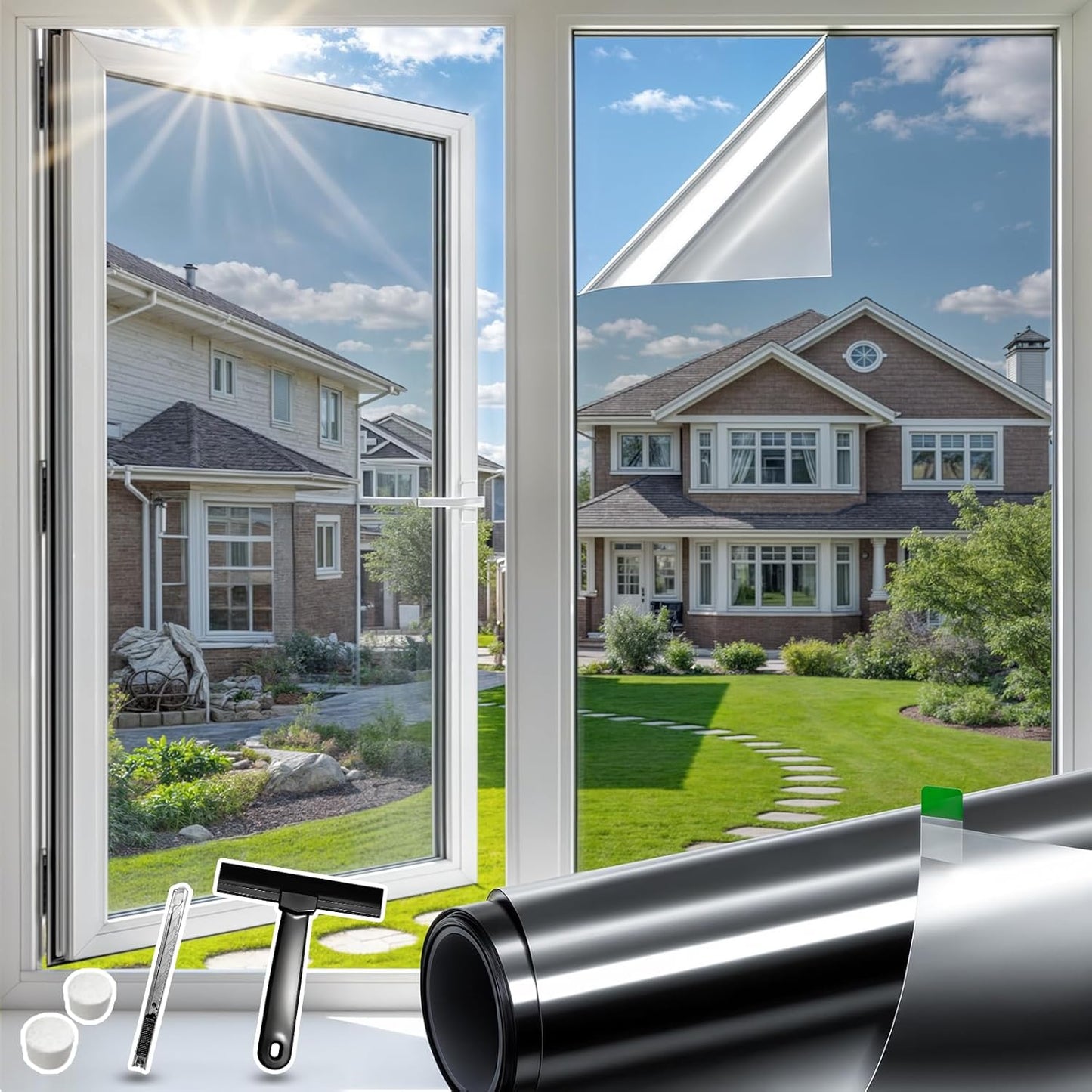 DUOFIRE One Way Window Film Privacy See Out Not in Heat Blocker Window Tint Reflective Mirror Windows Tinting Film for Home Static Cling Anti-UV Sun Blocking Windows Covering（Black, 45.2x78.7in）