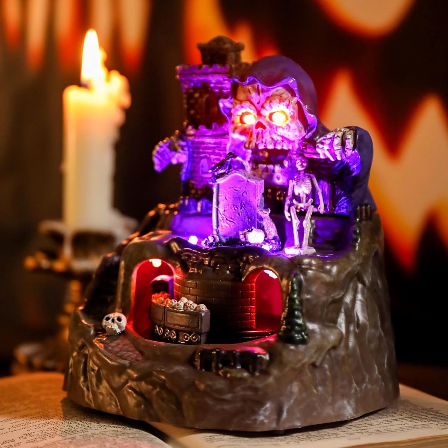Bdor Halloween Tabletop Decoration with LED Lights and Moving Train – Spooky Skeleton Castle Animated Halloween Ornament, Skull Graveyard Scene, Light Up Haunted House Decor for Indoor Party Display