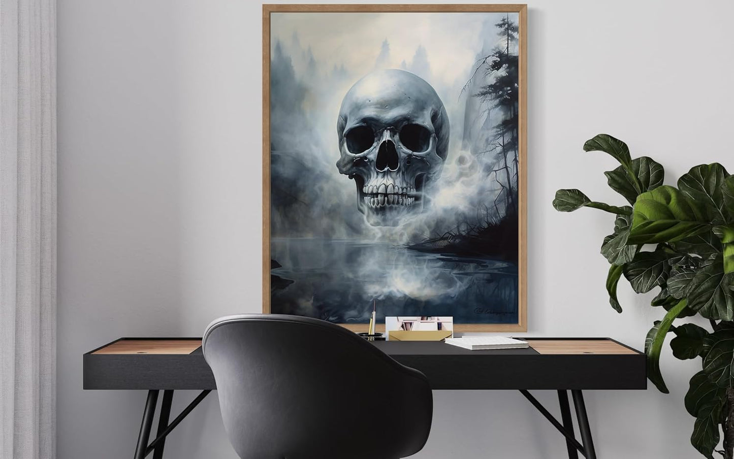 Foggy Skull Poster Art Print, Halloween Scary Vintage Wall Art Academia Spooky Painting Decoration for Horror Prints, Gothic Posters Bedroom Decor 89 (Foggy Skull, 8 x 10 inches, Wood Frame)