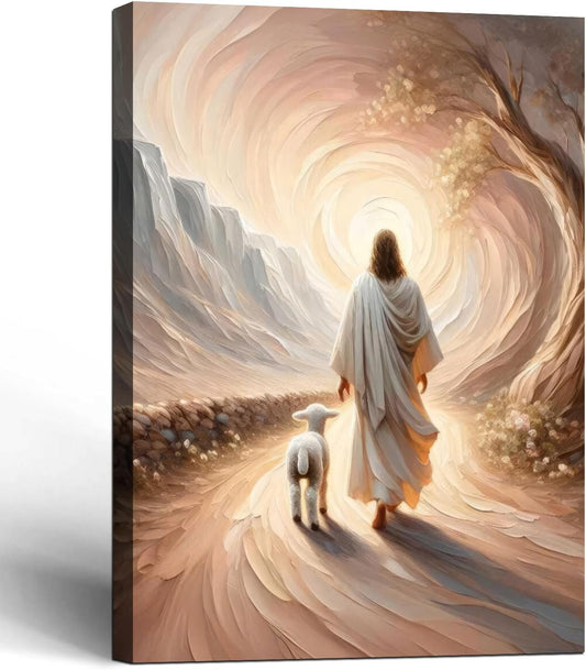 Framed Canvas Jesus and Lamb Wall Decor Wall Art Gallery Decoration Unique Print Wall Decor for Living Room Bedroom Church Home Decor 16x24 Inch Ready to Hang