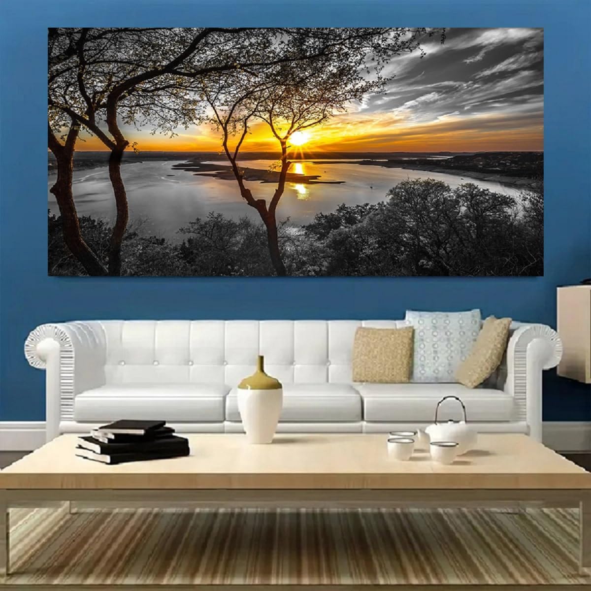 Bamdeya Black and White Canvas Wall Art Bedroom Lake Tree Print Art Forest Gold Sunset Poster Picture Natural Scenery Artwork Landscape Painting Living Room Wall Decor Modern Home Decor Framed