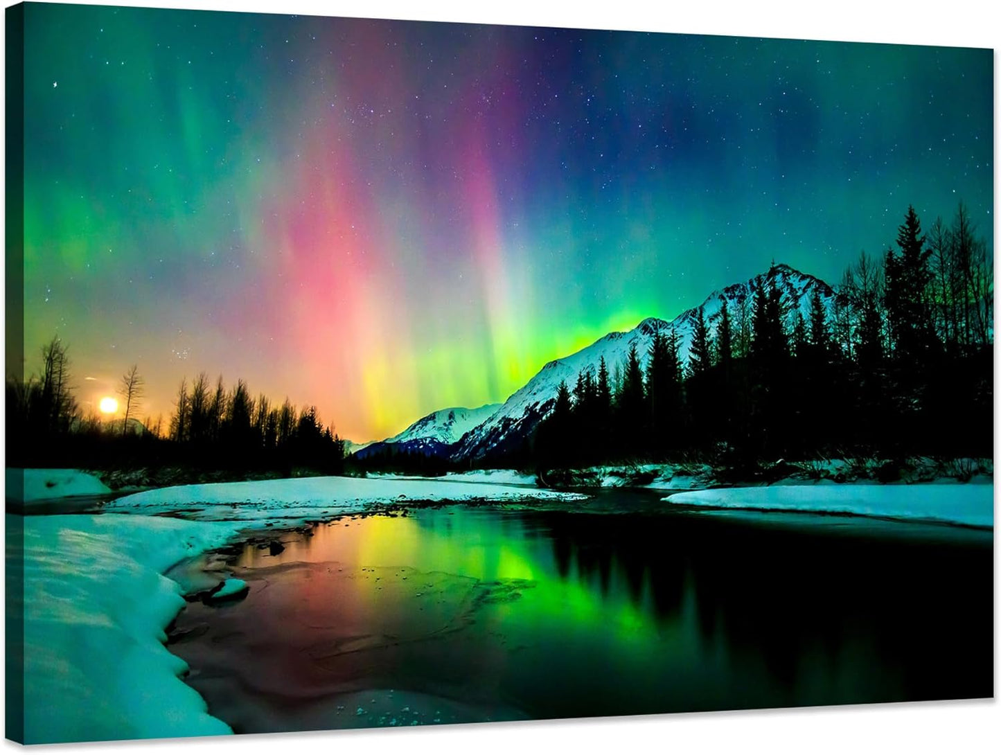Aurora Borealis Canvas Wall Art Northern Lights Canvas Print Painting for Living Room Snowy-Mountains-Landscape Poster Picture Wooden Framed Prints Ready to Hang (20.00"x30.00")