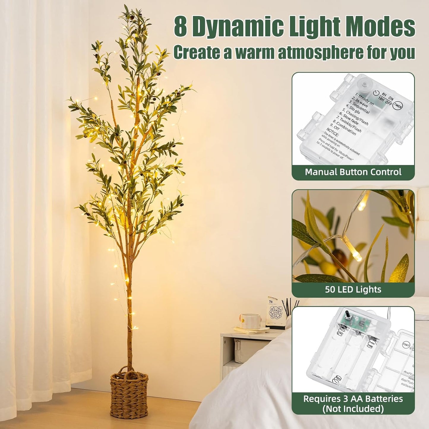 7ft Artificial Olive Tree with LED Fairy Lights & Woven Planter - Lifelike Faux Silk Plant with Realistic Leaves & Fruits and Natural Trunk for Indoor Home Office Living Room Bedroom Foyer Decor