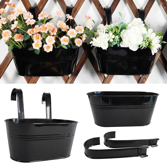 2 Pack Metal Hanging Planter for Outdoor Plants, 10 Inch Black Fence Planters Railing Pots for Garden Patio Balcony Decor, Flower Bucket with Detachable Hooks (Black, 2Pcs)