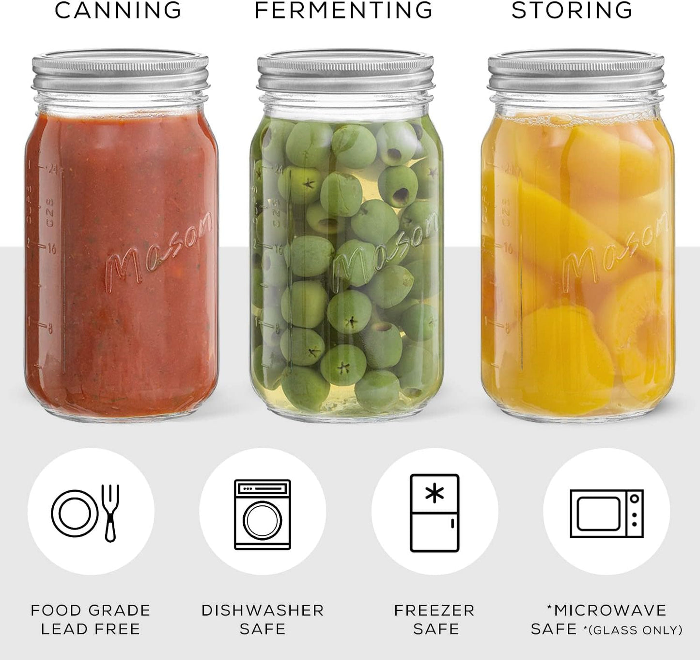 32 Oz Mason Jars With Lids, Labels and Measures! 6-Pack Wide Mouth Mason Jars, Glass Jar with Lid and Band. Airtight Canning Jars, Overnight Oats Jars, Salad Jars, Sourdough Starter Jar