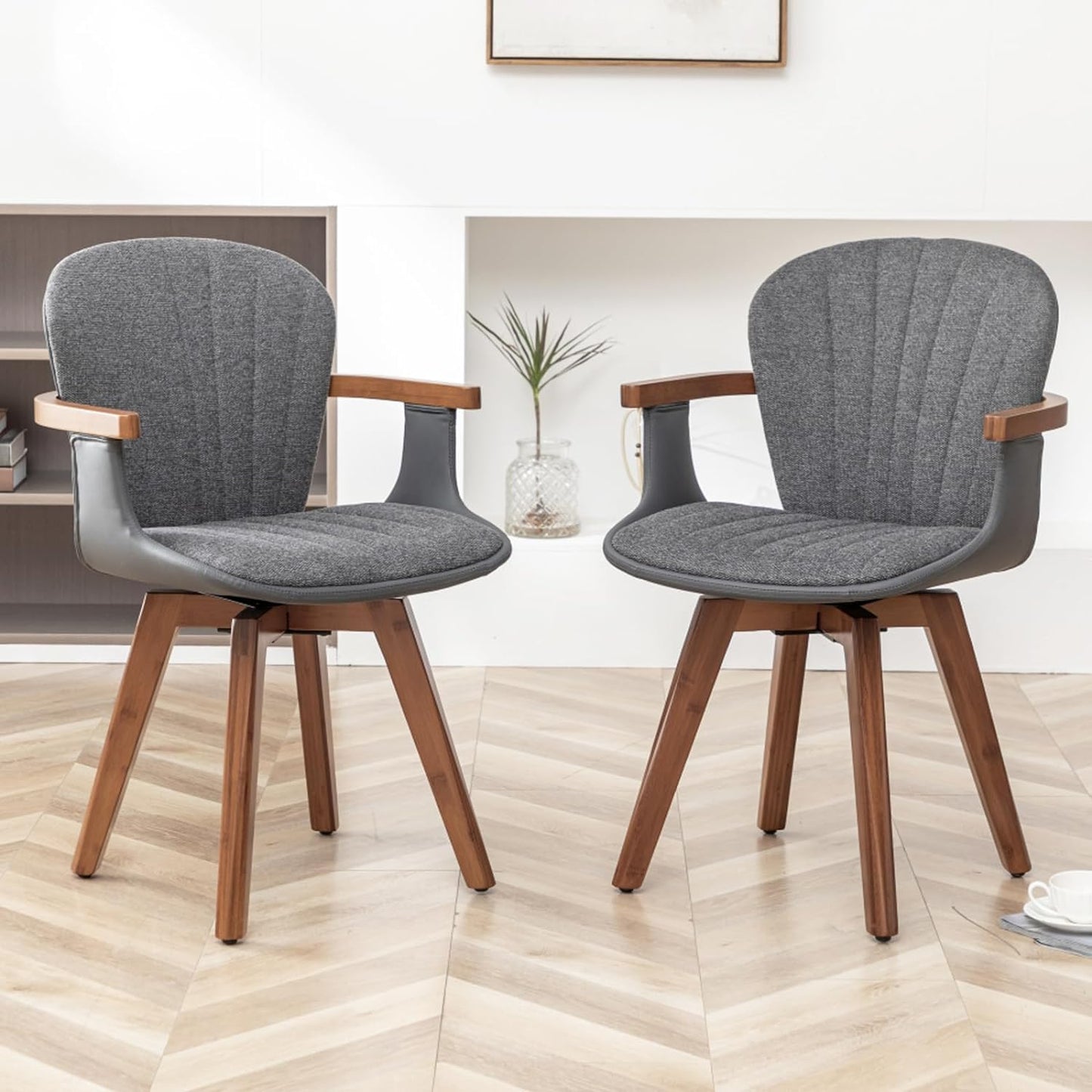 LUNLING Swivel Dining Chairs Set of 4, Mid Century Modern Gray Fabric+Faux Leather Kitchen Chairs with Arms,Bamboo Legs Side Chairs No Wheels,Accent Chair for Dining Rooms and Offices(Gray Fabric)