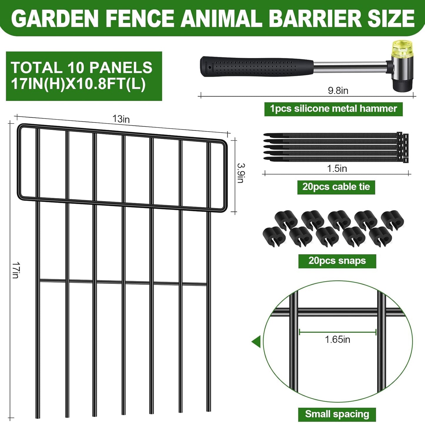 Decoration Garden Fence 16.5in x 10ft, 10 Pack Rustproof Metal Animal Barrier Fence, Arched Flower Bed Edge Decorative Rabbit (10 Panels - 17 in(H) X 10.8 ft(L))