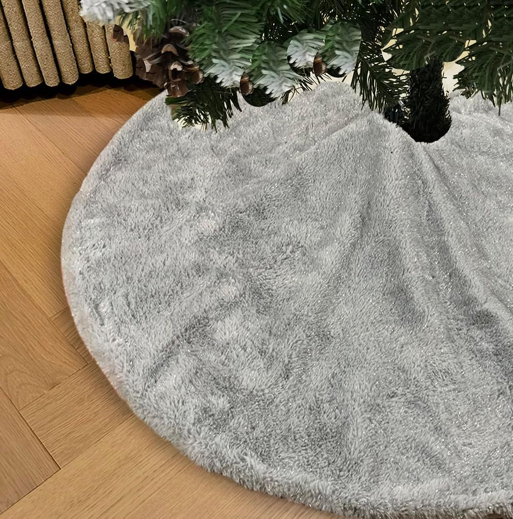 AOGU 36 Inch Faux Fur Christmas Tree Skirt Grey Shiny Plush Skirt for Merry Christmas Party Christmas Tree Decoration
