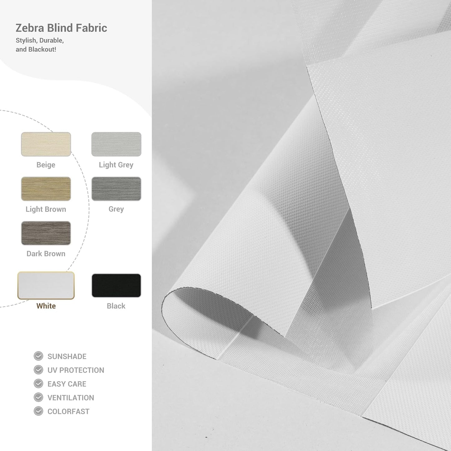 Cordless Zebra Blinds for Windows, Blackout Interior Blinds,Easy to Install,UV Protection,for Offices and Home,Custom Roller Shades, Solid White, 47" W x 64" H