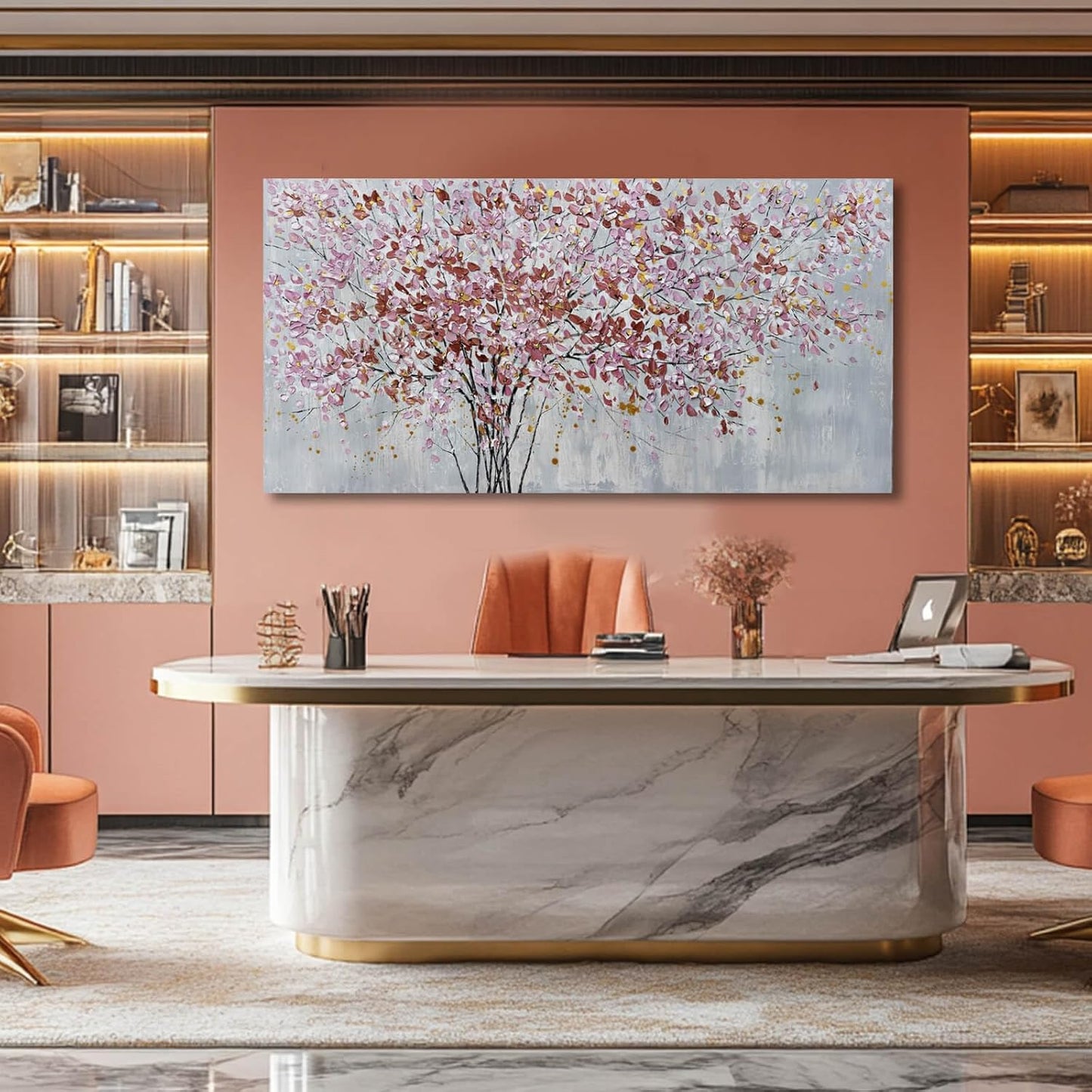 Gold and Pink Canvas Wall Decor Botanical Prints Floral Wall Art Line Painting for Living Room Tree Scenery Picture for Home Hotel 29x58 Inch