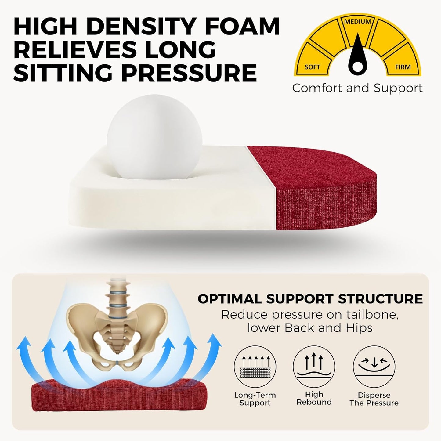 downluxe Indoor Chair Cushions for Dining Chairs, Soft and Comfortable Textured Foam Kitchen Chair Pads with Ties and Non-Slip Backing, 16" x 16" x 2", Red, 6 Pack