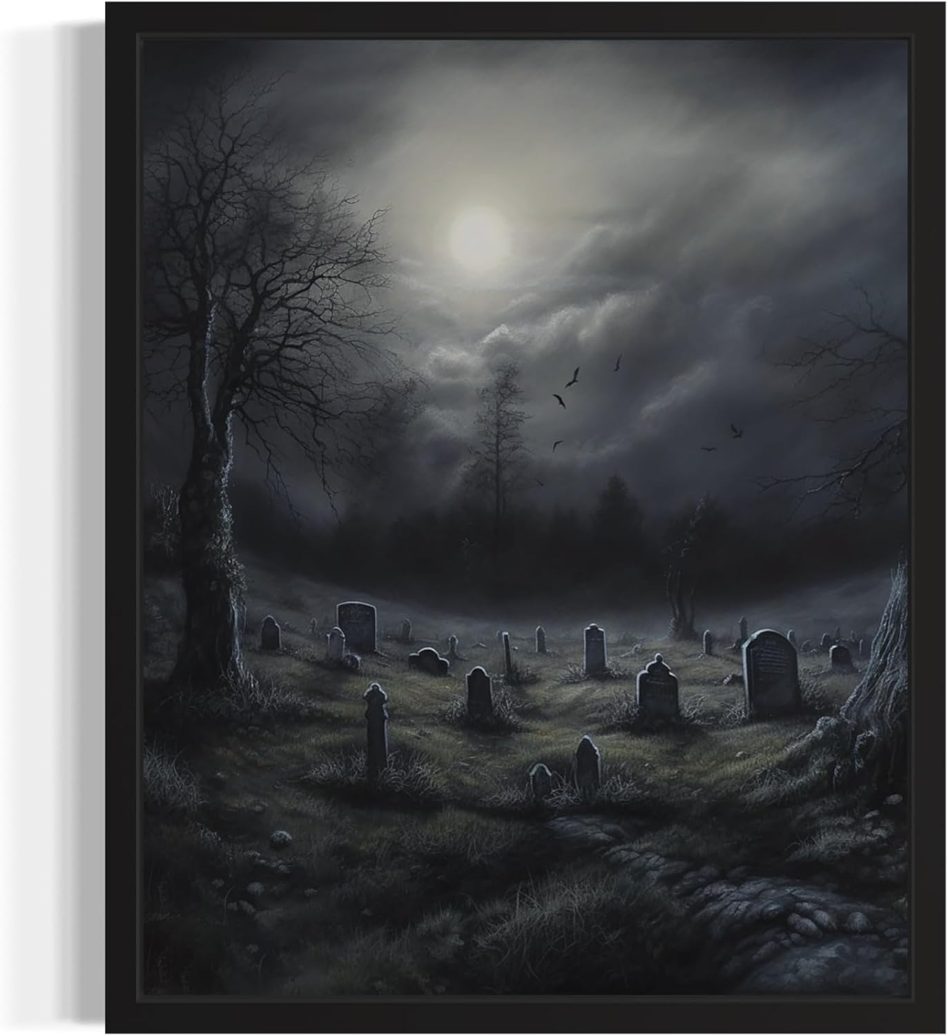 Gothic Graveyard Poster Art Print, Halloween Scary Vintage Wall Art Academia Spooky Painting Decoration for Horror Prints, Posters Bedroom Decor 89 (Gothic Graveyard, 16 x 20 inches, Black Frame)
