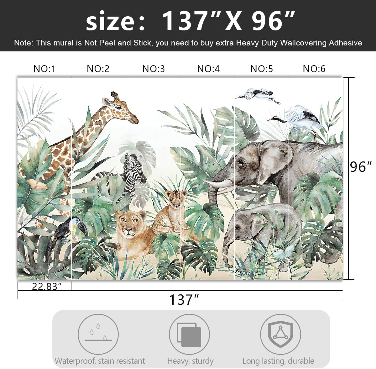 -Tropical Rainforest Plants Animals Tigers Fabric Wallpaper Jungle Plants Banana Leaves Boys Girls Kindergarten Children Bedroom Large Mural- 137"x96"（ not Peel and Stick）