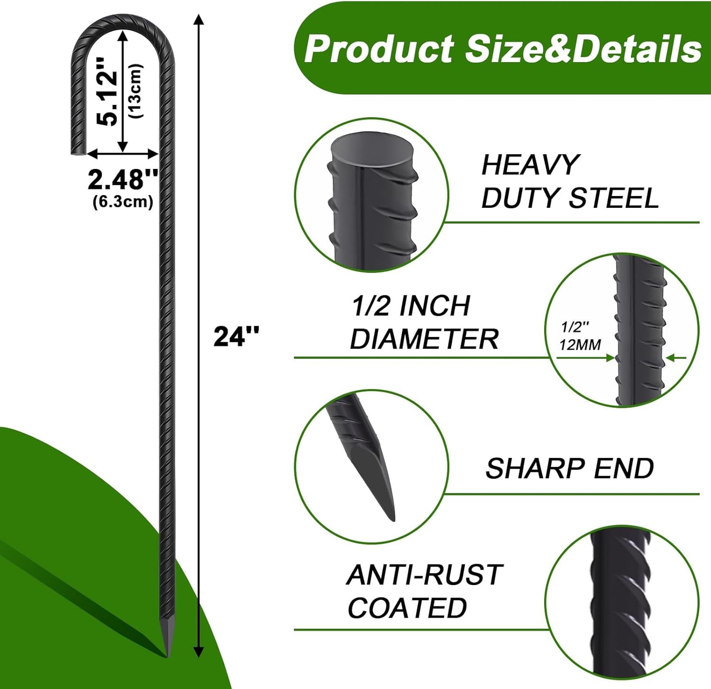 AAGUT 24” Rebar Ground Stakes (10pcs) Heavy Duty 1/2" J Hook Fence Anchors Curved Steel Garden Stake Yard Spikes with Sharp End for Camping Tent,Black Powder Coated