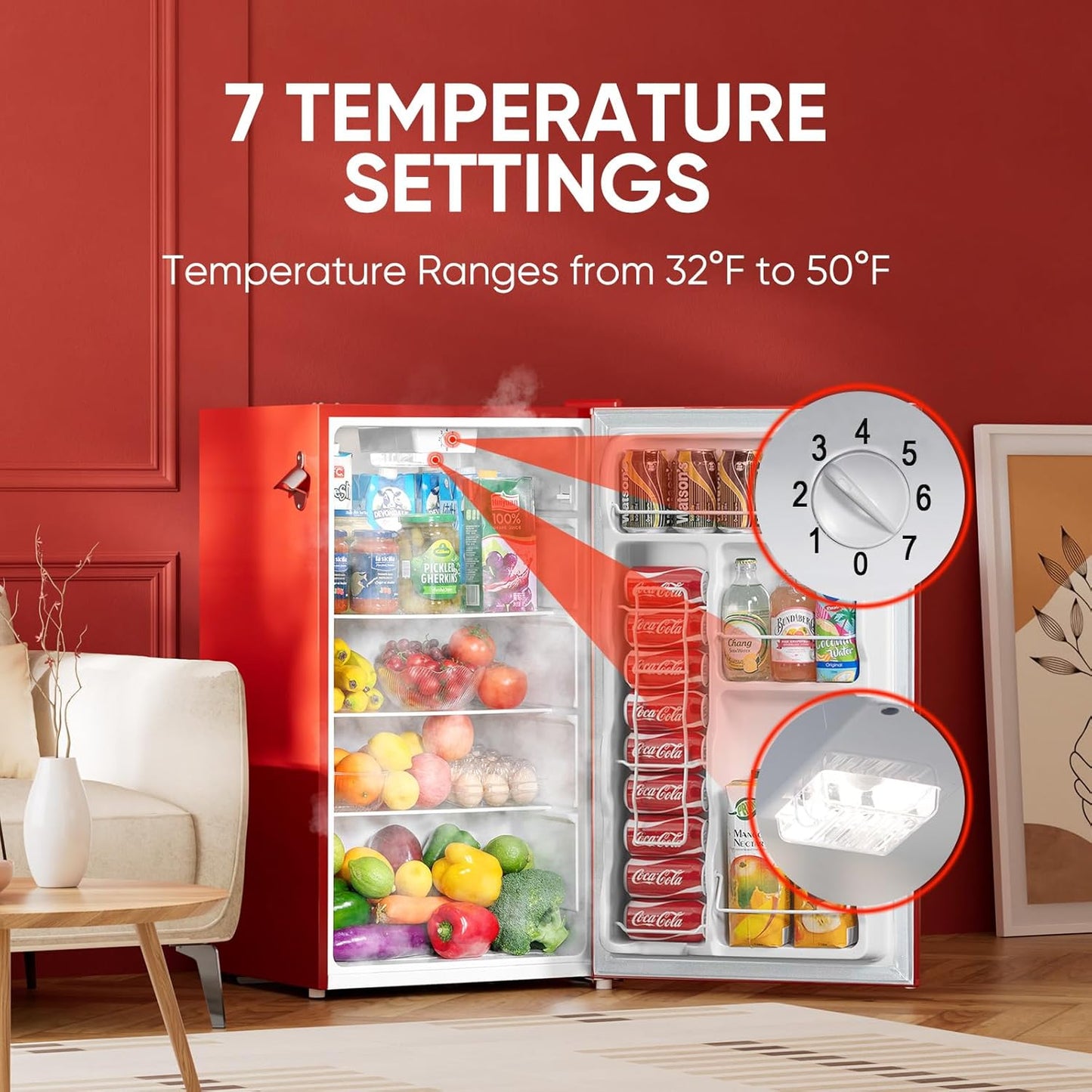 Upstreman 3.2 Cu.Ft Retro Mini Fridge with Bottle Opener, Energy Saving, Adjustable Thermostat, Metal Handle, LED Lamp, Mini Refrigerator for Bedroom, Office, Dorm-BR321 PRO (Red)