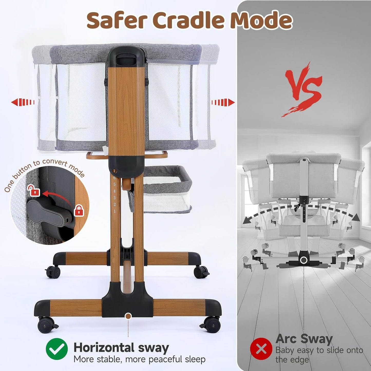 Ezebaby 3-in-1 Baby Bassinet, Rocking Baby Bassinets Bedside Sleeper, Adjustable Portable Crib for Newborn Infant with Wheels Storage Basket and Mesh Sides