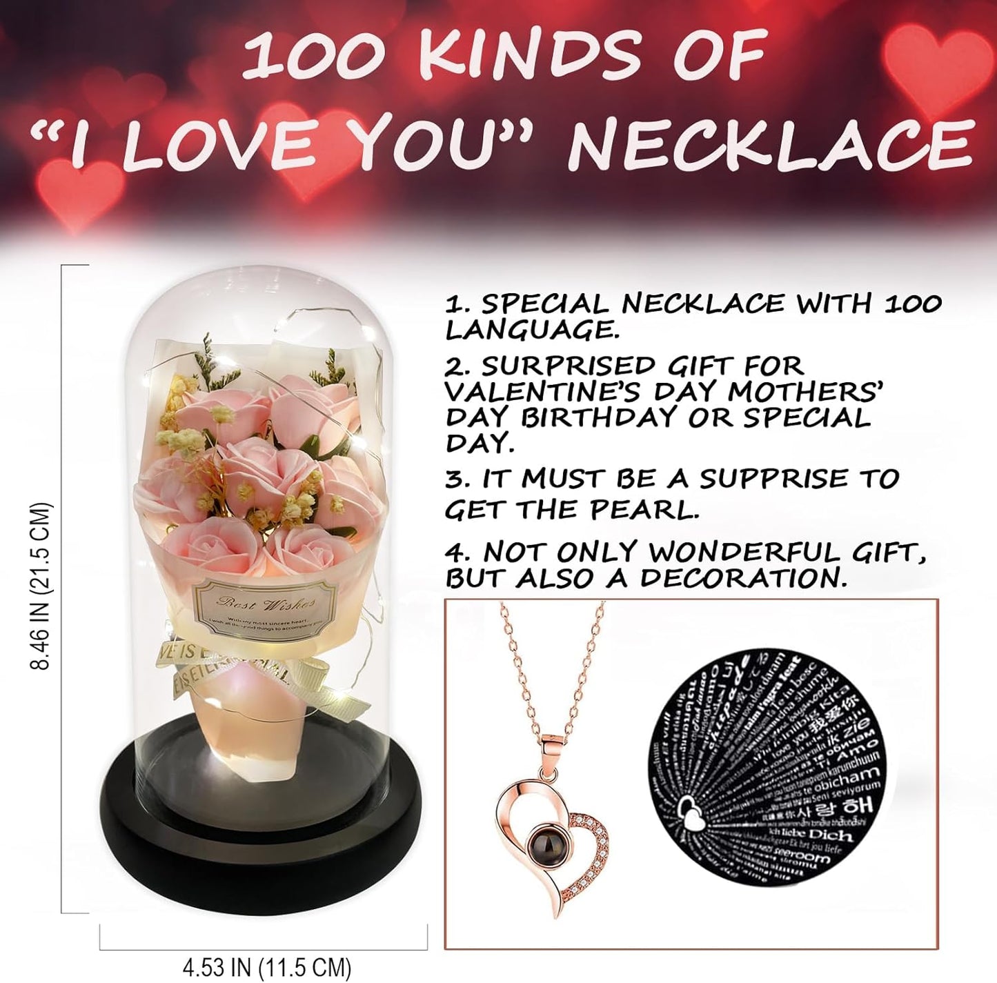 Gift for Her Forever Flower Bouquet for Delivery Prime Preserved Pink Roses Glass Dome LED Light 100 Languages I LOVE YOU Necklace Mothers Day Birthday Romantic Valentines Gift for Wife Women Mom
