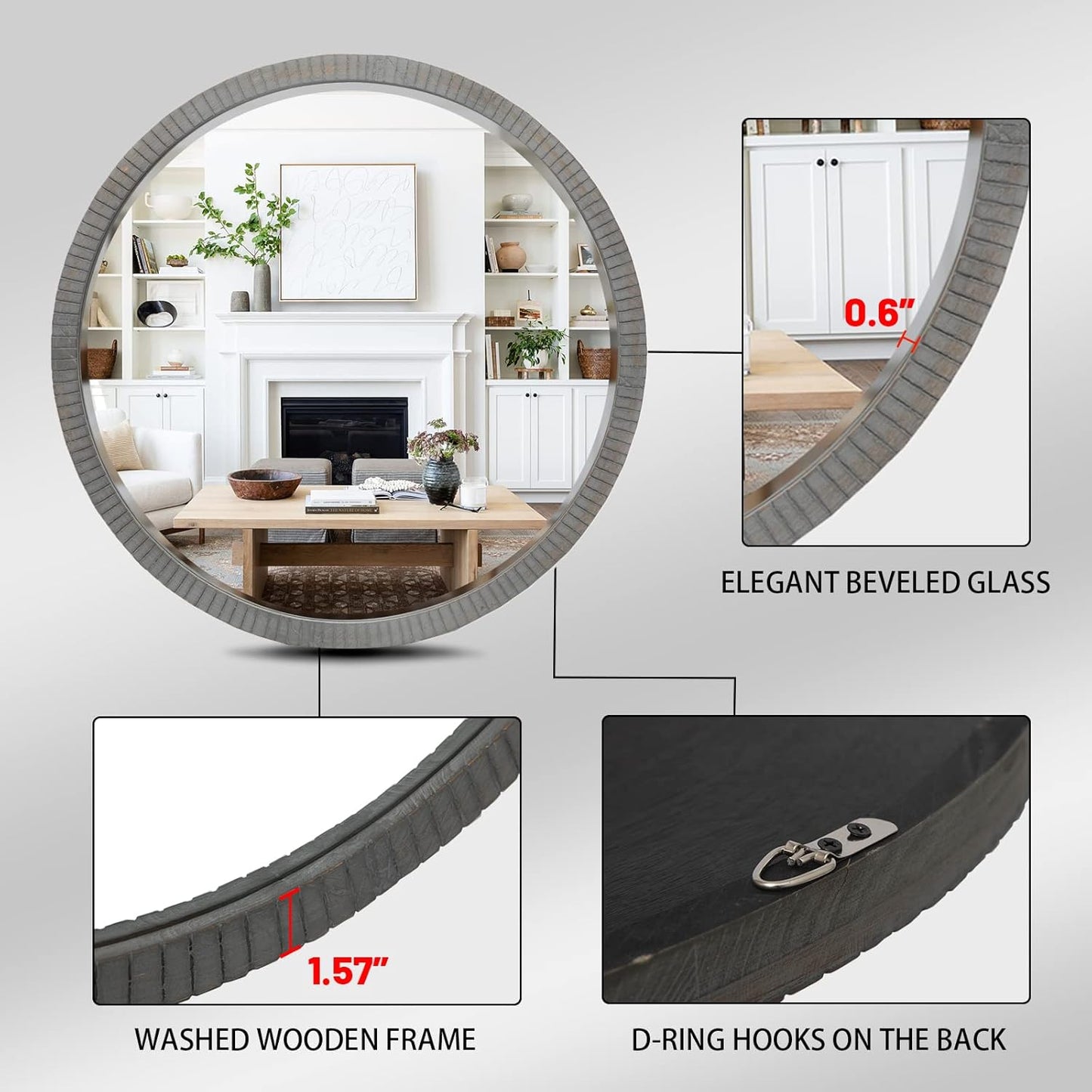 35" Round Wood Mirror, Rustic Circle Wall Mirror with Beveled, Wooden Round Mirror for Wall Decor, Decorative Wall-Mounted Mirror for Entryway, Living Room, Washed Gray Frame