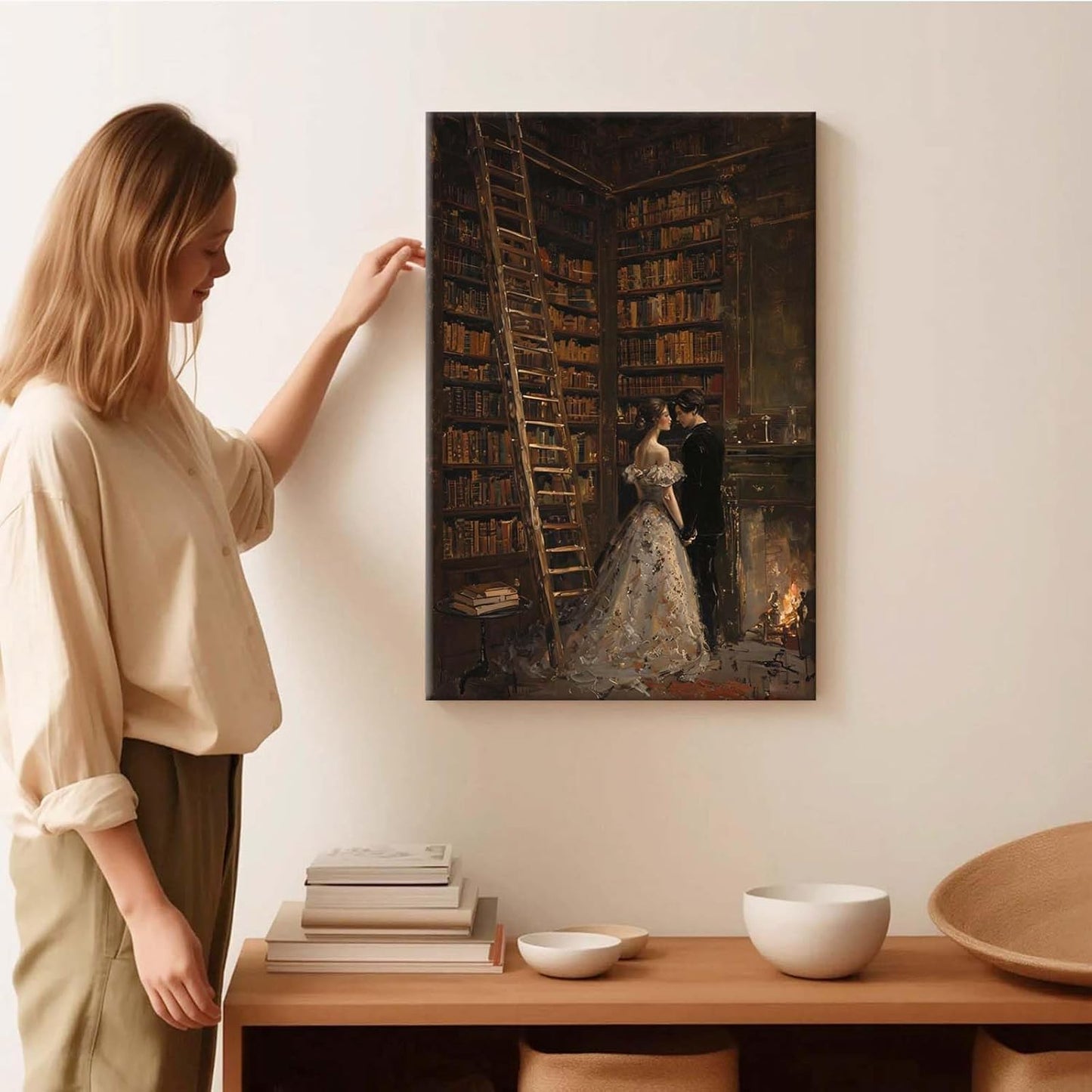 Gothic retro library scene decoration melancholy calm art college style wall aesthetic antique style home decoration suitable for bedroom living room16x24in Wood Framed