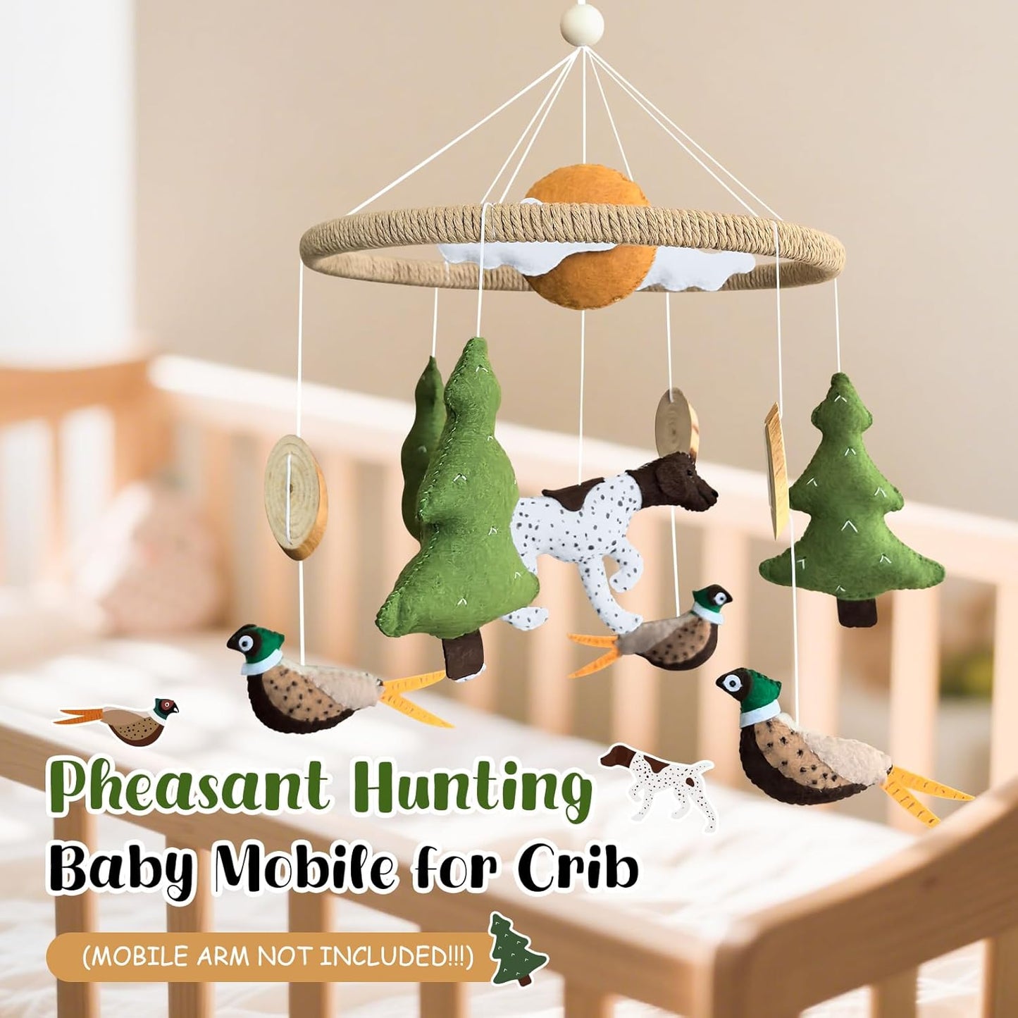 Baby Mobile for Crib Hunting Baby Crib Mobile for Boys Girls Handmade Felt Woodland Nursery Decor Infant Bedroom Hanging Pheasant Dog Hunting Decor for Bassinet Gender Reveal Newborn Gifts