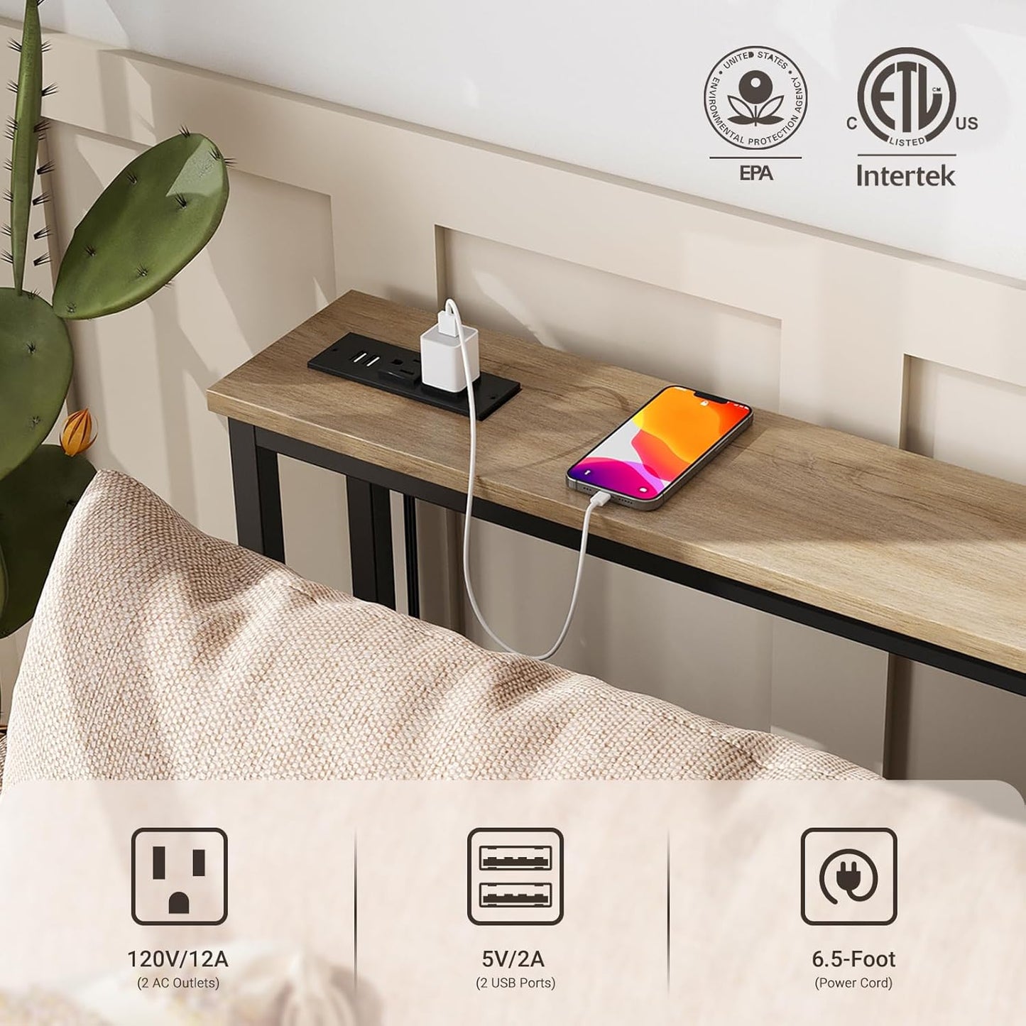 ELYKEN 2 Pack 5.9" Narrow Console Sofa Table with Power Outlets, 5.9" Dx39.4 Wx31.1 H Long Couch Table with Metal Frame and Charge Station with 6.5’ Extension Cord, White Oak